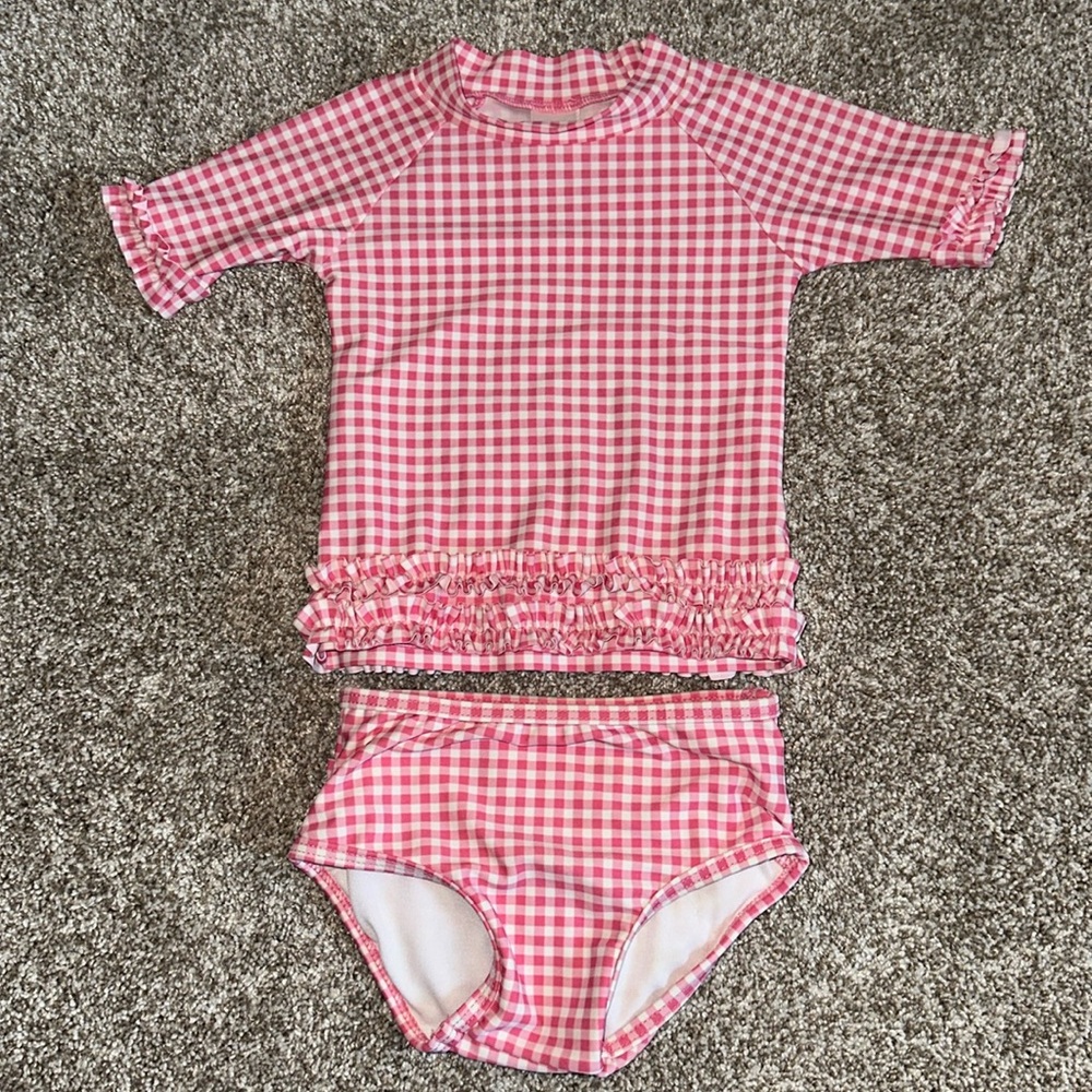 Ruffle Butts Pink and White gingham Rashguard Swim Set size 18-24M